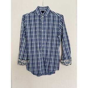 Tasso Elba Mens Button Up Shirt Sz S (14-14 1/2) Blue White Plaid Cuffs design